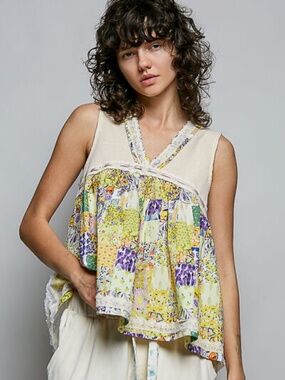 POL Floral V-Neck Sheer Tank with Lace Trim